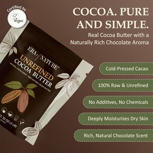 Era of Nature Cocoa Butter Raw – 100% Pure & Unrefined, Cold-Pressed Cacao – For DIY Skincare & Haircare – Deep Hydration for Skin, Hair, Lips – Stretch Mark & Scar Care – Natural Chocolate Scent, 8oz
