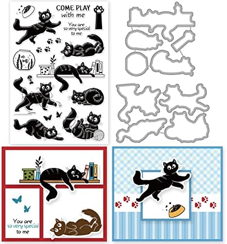 INFUNLY Cat Stamps and Dies for Card Making Cat Clear Stamp and Die Set Metal Cutting Die Silicone Rubber Stamps for DIY Scrapbooking Crafts
