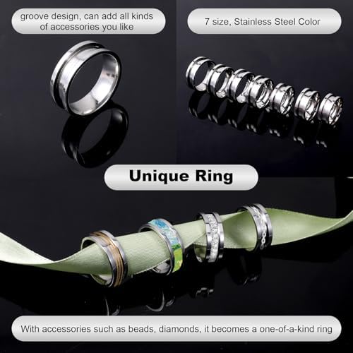 Ring Blanks, 14 Pcs Stainless Steel Finger Rings Grooved Core Inlay Blank Rings US Size 6/7/8/9/10/11/12 Empty Ring Blanks for Jewelry Making Kit Supplies