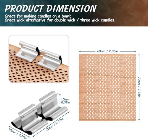 6 Set Large Wood Candle Wick Grid Design Large Wooden Wick 2.7x2.4inch / 70x60mm (Width*Height), Natural Crackling Wood Wick Core with Iron Stands for Soy Candle Making Candles Supplies
