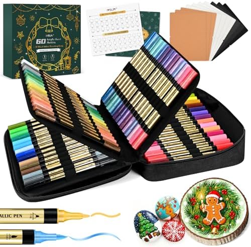 IVSUN 30 Metallic & 30 Regular Colors Dual Tip Acrylic Paint Markers | Works on Black Paper, Photo Album, Rock Painting, Wood, Card Making, DIY Crafts, Scrapbook Supplies
