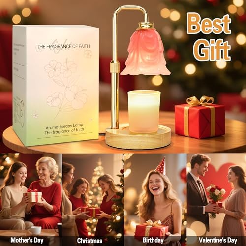 XJZJY Pink Glass Flower Candle Warmer Lamp with Timer, Home Decor Gifts | Dimmable wax melt warmer with 2 bulbs for jar candles, height adjustable, pink tulip design, home decor, housewarming gifts