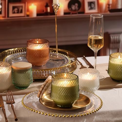 6 Pcs 13.5 OZ Terracotta Large Candle Jars for Making Candles, Ribbed Unique Candle Jars, Glass Jars with Wooden Lids and Labels for Candle Making Supplies, Container, Gift