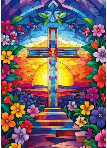 VeGuude Religious Cross Diamond Art Kits for Adults, Full Drill Flower Diamond Painting Kits for Beginners, DIY Full Rhinestone 5D Diamond dots (Gemstone Craft), Home Wall Decoration (12x16 inch)