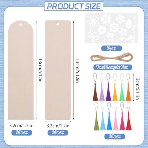 126PCS Bookmark Making Kit, 60 Wood Bookmarks with Tassels & Templates