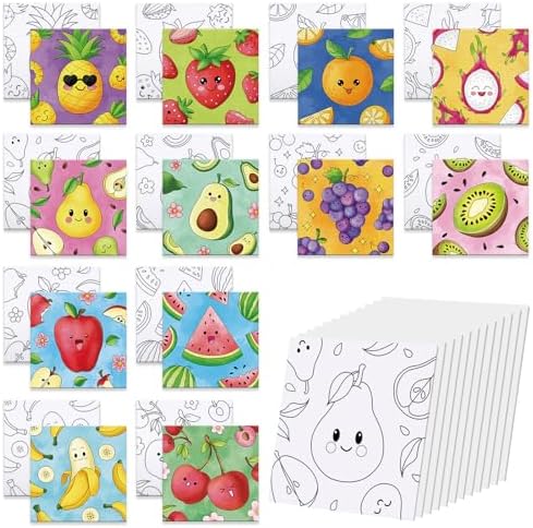 Anseal 12 Packs Pre Drawn Canvas to Paint, 4" X 4" Fruits Pre-Printed Paint Party, Pre Stretched Canvas Outline Painting Boards for Paint Lovers, Party Favor (Fruit)