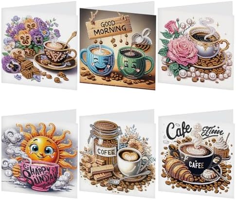 AiYuanzsh 6 Packs Diamond Art Painting Greeting Card Kits with Laser Effect Special Shaped Diamond Art Greeting Cards Arts Crafts for Christmas Birthday Thanksgiving Day Holiday (Coffee, 30x15cm)