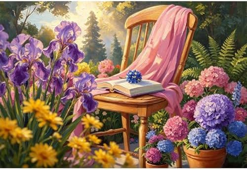 Paint by Numbers Kit for Adults - Garden Chair with Iris Flowers, DIY Paint by Number for Adults, Oil Painting Style Canvas, Beginner Friendly Paint by Numbers Kit for Home Decor