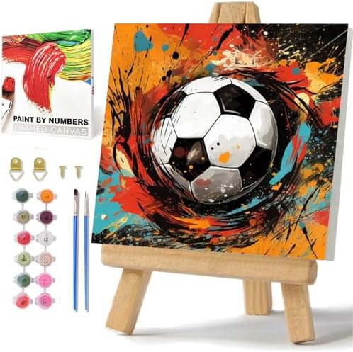 hkejoi Soccer Paint by Numbers Kit for Kids, Soccer Paint by Number for Kids Framed and Easel, Painting by Numbers, Easy DIY Crafts for Gift Home Wall Decor 8x8 in