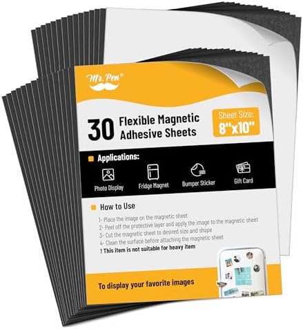 Mr. Pen- Flexible Magnetic Sheets with Adhesive Backing, 8" x 10", 30 Pack