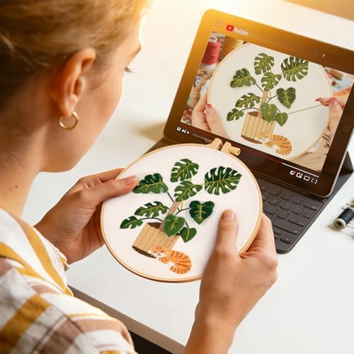 Monstera Embroidery Kits for Beginners Adults, Cat Hand Embroidery Kits, Potted Plant Cross Stitch Kits for Beginners DIY Craft Kits for Adult Women, Entire Set of Embroidery Supplies & Video Tutorial