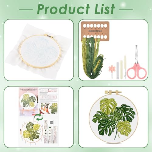 ERKOON Embroidery Kit for Beginners Adult, Cross Stitch Set Include Embroidery Cloth Hoop Threads for Craft Lover Hand Stitch with Embroidery Skill Techniques (Leaf)
