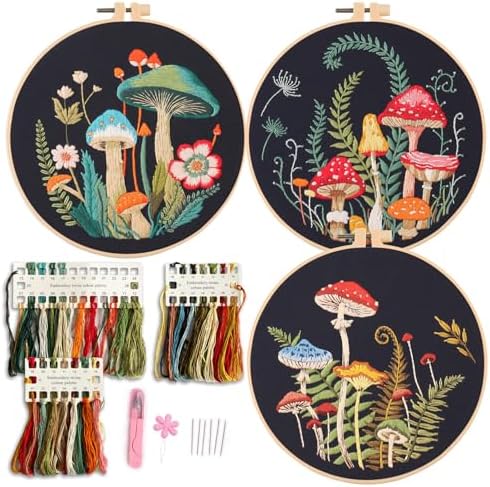 Myfelicity Embroidery Kit with Mushroom Patterns, 3 Hoops, Fabric, Threads, Needles, Instructions (red)