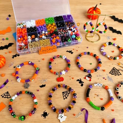 1970Pcs Halloween Bracelet Kit, Halloween Beads for Bracelets Jewelry Making Orange Black White Purple Polymer Clay Beads Pumpkin Evil Eye Skull Bead with Ghost Spider Charms for DIY Craft Earring