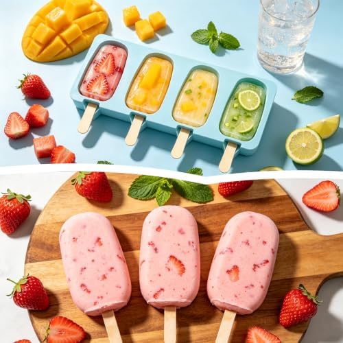 Popsicles Molds, 2Pcs Homemade Cake Pop Molds with Wooden Popsicles Sticks, Reusable Silicone Ice Pop Cream Cakesicle Maker Mold 4 Cavities for Home DIY Craft, Blue