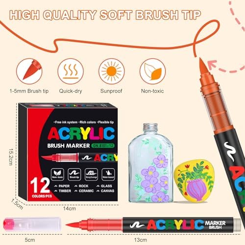 12 Colors Soft Brush Tip Acrylic Markers Set, Paint Pens for Rock, Wood, Fabric, Canvas, Glass, DIY Crafts, Waterproof Paint Markers, Vibrant Acrylic Pens for Artists and Art Projects