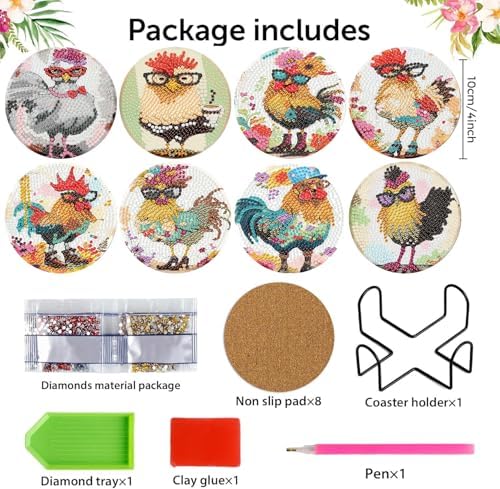 Diamond Art Coasters Kit, 8 Pieces Chicken Diamond Painting Coasters Kit