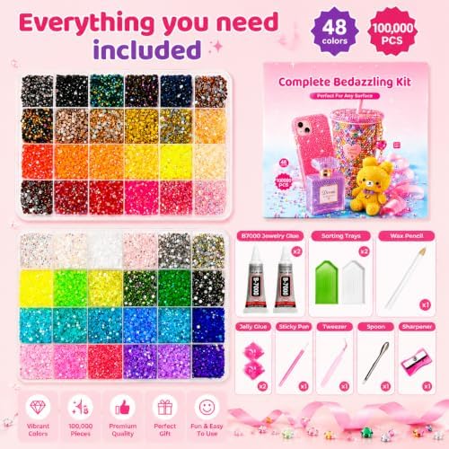 100,000Pcs 48 Colors Bedazzling Kit, 3mm Resin Jelly Flatback Rhinestones