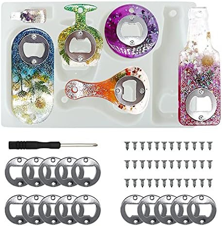 Bottle Opener Resin Molds, Lovppy Beer Opener Silicone Molds, Epoxy Resin Casting Molds, Beer Spanner Kit with Screwdriver and Patch, DIY Jewelry Craft Mold for Bottle Opener Keychain Wine Corkscrew
