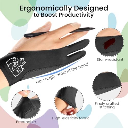 Mood Cats Drawing Glove: 3-Layer Palm Rejection for iPad & Drawing Tablet | Smooth-Glide & Breathable Artist Glove for Digital Art, Two-Finger Design, Fits Left & Right Hand, 2-Pack + Cleaning Cloth