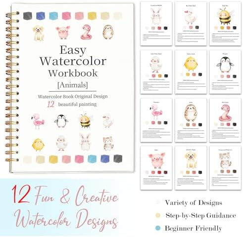 Easy Watercolor Workbook for Beginners - 12 Beautiful Step-by-Step Paintings Water Coloring Book, Includes 18 Water Colors, Relaxing Art Projects and Creative Gift for Adults & Teen (Animals)