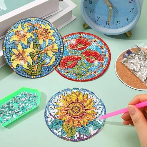 Meothan 8 Pcs Flowers Diamond Art Coasters Kit for Adults with Holder 4x4in