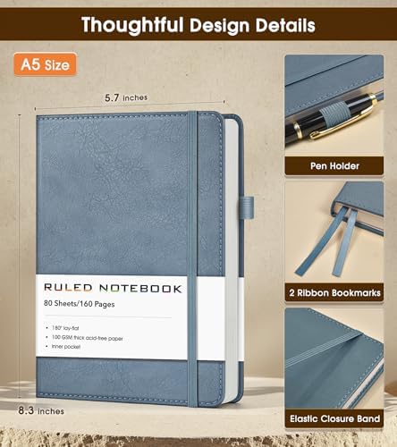 Lined Journal Notebook, A5 Hardcover Leather Journals for Writing, 160 Numbered Pages, 5.7'' x 8.3'' Journaling Notebooks for Men Women, Thick Paper College Ruled Journal for Work Office School, Dusty Blue