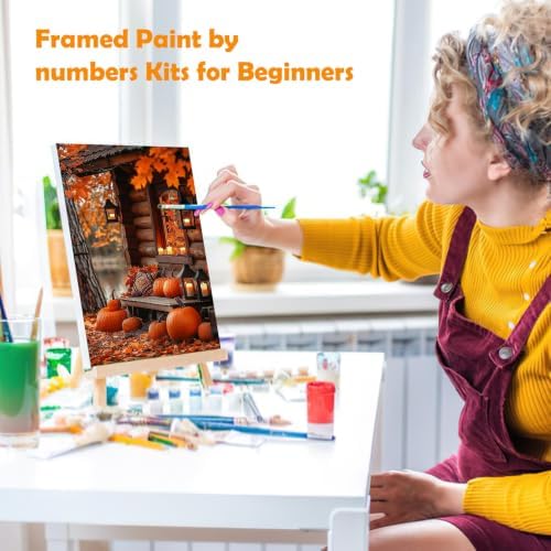 MOGTAA Fall Pumpkin Paint by Numbers Kit for Adults Beginners with Frame, Autumn Adult Paint by Number Kits on Canvas with Easel, Easy DIY Landscape Oil Painting Kits for Home Decor, 8x12in