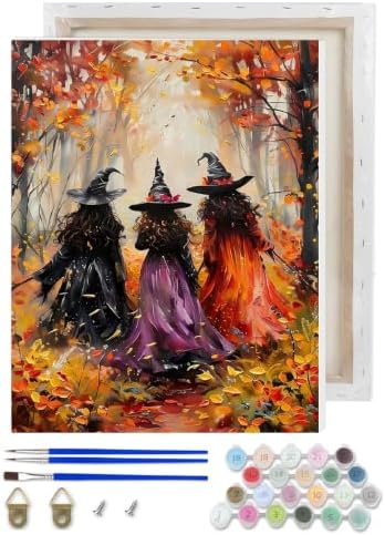 Fall Witch Paint by Numbers Kit for Adults Beginner with Framed 10x12 Inch