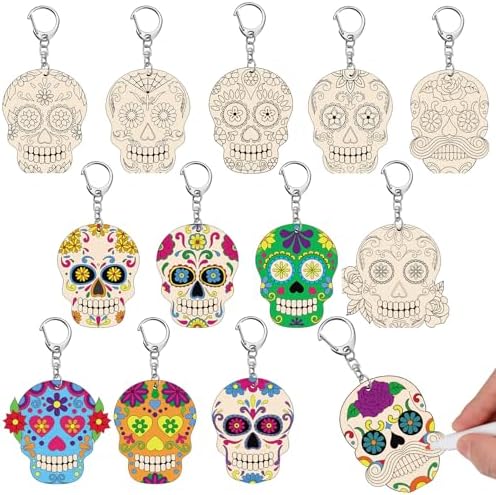 Trnayi 36 Pcs Day of The Dead Wood Keychain Color Your Own DIY Craft | Day of The Dead Wooden Keychain, Color Your Own Unfinished Craft, Blank Wood Painting DIY Craft, for Home Handcraft Project