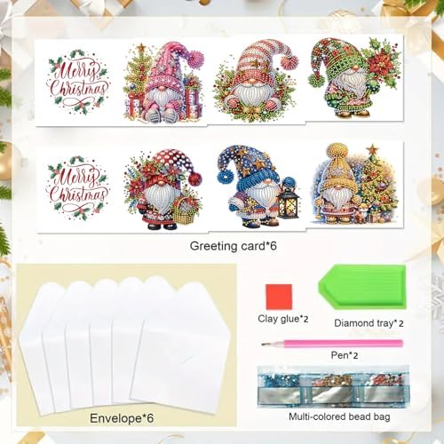 6Pcs Christmas Greeting Card DIY Diamond Art Painting Greeting Cards Blessing Folding Card Kit with White Envelopes Diamond Arts Crafts for Birthday Festival Gift-Goblin02