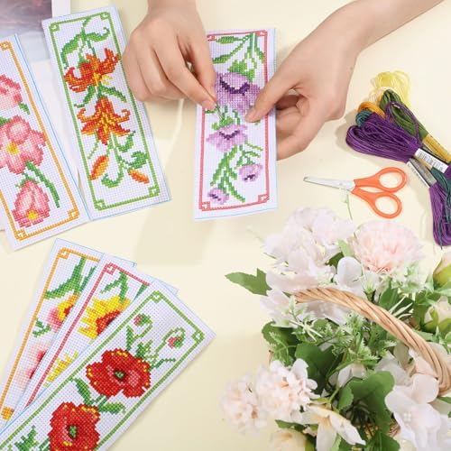 ORIGACH 6 Set Flowers Cross Stitch Bookmark Kit for Beginner with Backing Felt Floss Instructions DIY Stamped Embroidery Bookmark Kit for Adults, Book Lovers