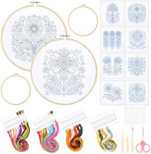 Tioncy 8 Sets Mexican Embroidery Napkins Kit 17.7 x 16.5 Inch Servilletas Para Bordar a Mano Including Mexican Napkin Bamboo Hoop Color Threads and Needles for Beginner Adult DIY Hand Craft Lover Gift