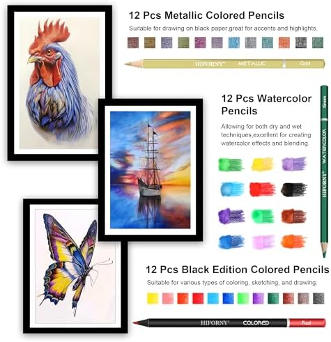 HIFORNY 100 PCS Drawing & Sketching Set, Professional Art Supplies with Graphite,Charcoal, Colored,Watercolor,Metallic Pencils,Blending Tools,Sketchbook and Coloring Book in Zipper Case (Black)