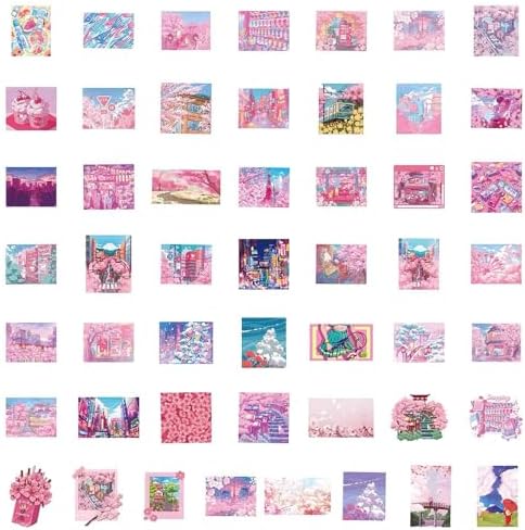 50Pcs Cherry Blossom Stickers Scrapbook, Self-Adhesive Waterproof Vinyl Sticker for Laptops, Aesthetic Decor Journal Stickers Planner Accessories for Luggage, Water Bottles