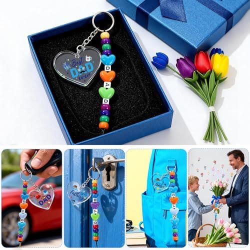 24 Set Fathers Day Crafts Kits, Dad DIY Keychain Bulk Set with Acrylic Blank and UV Stickers, Father's Craft Gifts Making Kit, Funny Classroom Home Birthday Art Activities Party Favors