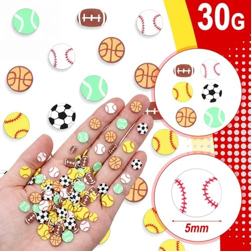 Weysat 30g Small Sports Polymer Clay Slices 0.2 Inch Tiny Clay Multiple Ball Pieces Sports Sprinkle Baseball Tennis Basketball Softball Football Soccer Confetti for DIY Craft Party Decoration for Team