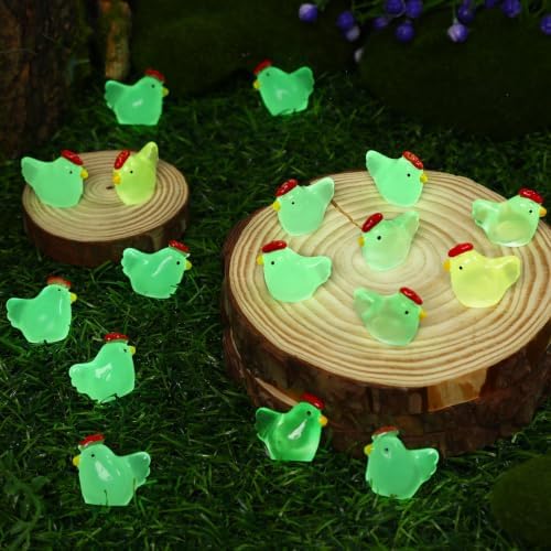JUNEBRUSHS 50 Pcs Mini Chickens Tiny Resin Chicken Luminous Hen Figurines Glow in The Dark Chicken Ornament for Crafts Home Garden Table Decor