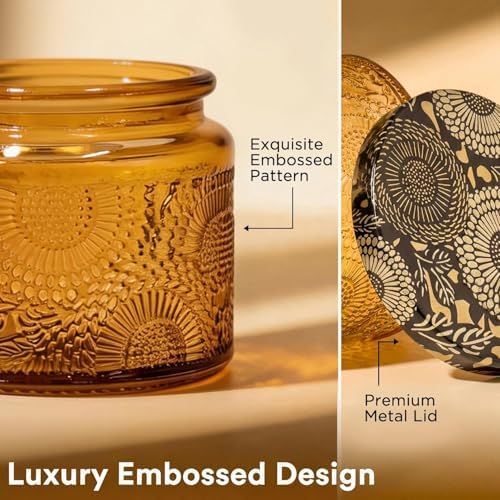 LumaCraft Luxury Embossed Glass Candle Jars for Making Candles - 12 Pack 4oz Empty Candle Containers with Airtight Metal Lids, 20 Wicks & 20 Stickers, Colored Glass Jars for Gifts & Decor