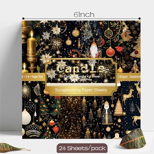 6x6 Scrapbook Paper Pad - Black Gold Christmas 160gsm Heavyweight Cardstock, 24 Pcs Vintage Santa & Reindeer Decorative Paper for Holiday Cards, Junk Journal & DIY Crafts