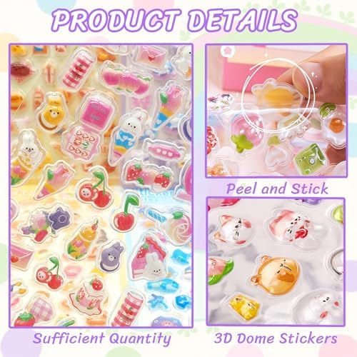 3D Puffy Stickers, 10 Sheets 500+ PCS Mini Kawaii Resin Decorative Stickers for Scrapbooking Phone Case, Notebook, Journal