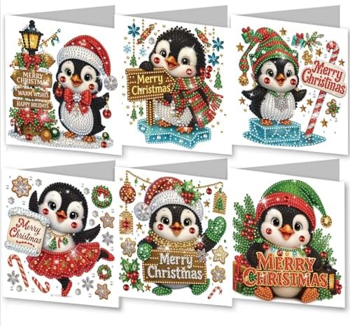 6Pcs Christmas Greeting Card DIY Diamond Art Painting Greeting Cards Blessing Folding Card Kit with White Envelopes Diamond Arts Crafts for Birthday Festival Gift-Penguin