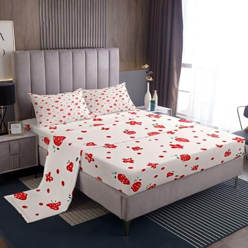 Strawberry Flower Bed Sheet Set King Size Red Fruit Floral Theme Mattress Cover Sweet Style Lovely Sheets for Boys Girls Bedroom White Red with Flat,Fitted Sheet Pillowcase 4Pcs