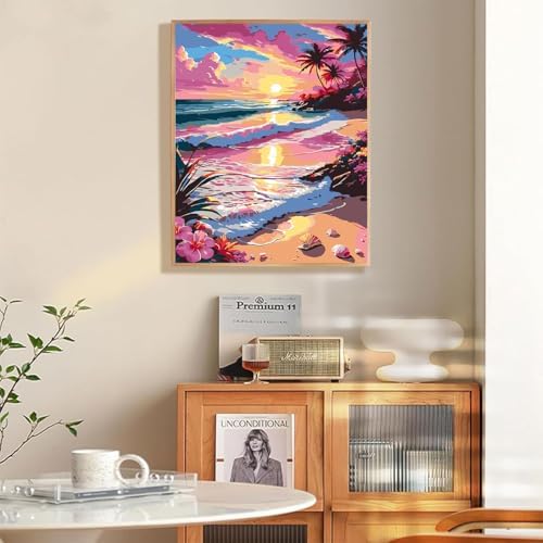 EIBEILI Seaside Scenery Paint by Numbers Kit for Adults Beginner,Sunset Beach Adult Paint by Number Kits on Canvas,Easy Canvas Paint by Numbers for Adults for Home Wall Decoration 12 X 16 inch