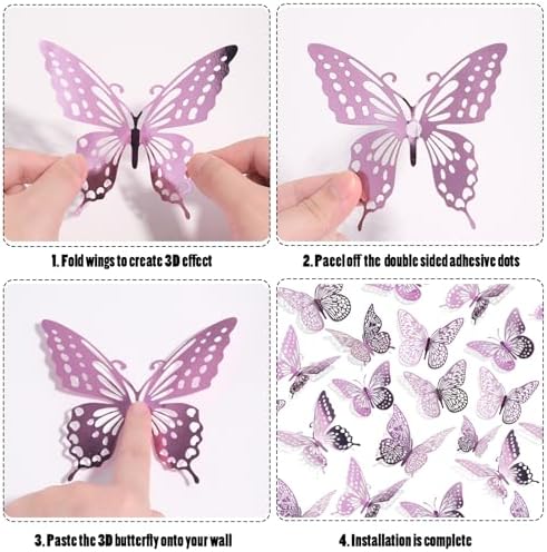 SAOROPEB 3D Butterfly Wall Decor 48 Pcs Lavender Butterfly Decorations | 4 Styles 3 Sizes, Butterfly Birthday Decorations Butterfly Party Decorations Cake Decorations, Removable Stickers
