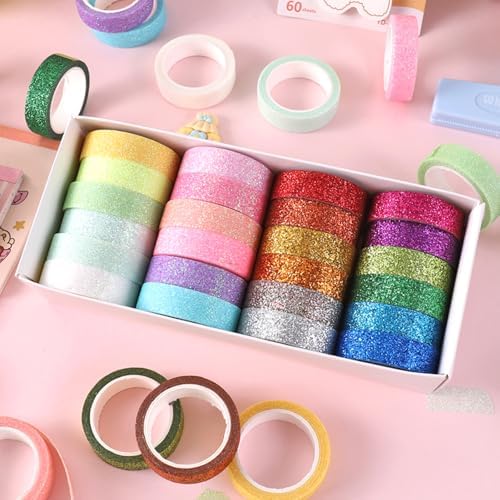 Glitter Washi Tape Metallic Decorative Craft Tape Set 24 Rolls Colored Masking for Scrapbook DIY Art Craft Supplies Gift Decor