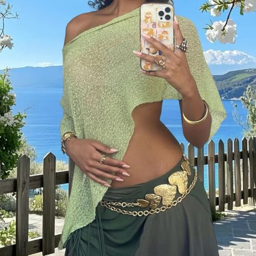 Nicoxijia Women Y2K Sheer Knit Poncho Top Lightweight Summer Beach Knit Shrug Shawl Bolero Off Shoulder Mesh Sweater Cover Up