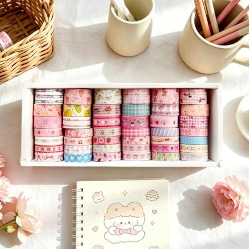 42 Rolls Bow Aesthetic Washi Tape Set with 10 Organizer Cards, Cute Pink Decorative Masking Tape for Journaling, Scrapbooking, Planners, Junk Journal, Gift Wrapping, DIY Crafts and Stationery Supplies