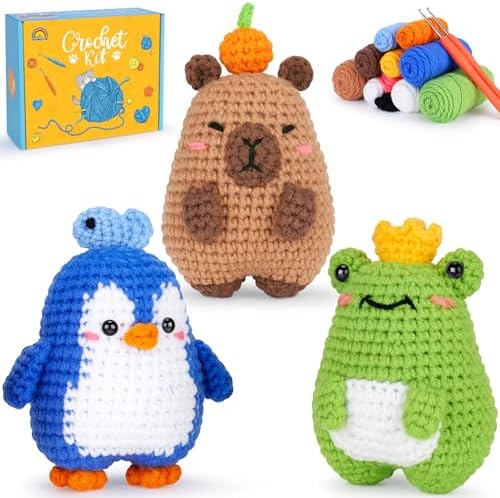 Fortuning's JDS Crochet Kit for Beginners, Crochet Animal Kit Includes Penguin, Capybara & Frog, Complete Starter Kit for Adult, DIY Craft Crochet Kits, Easy Knitting Kit Christmas Gifts