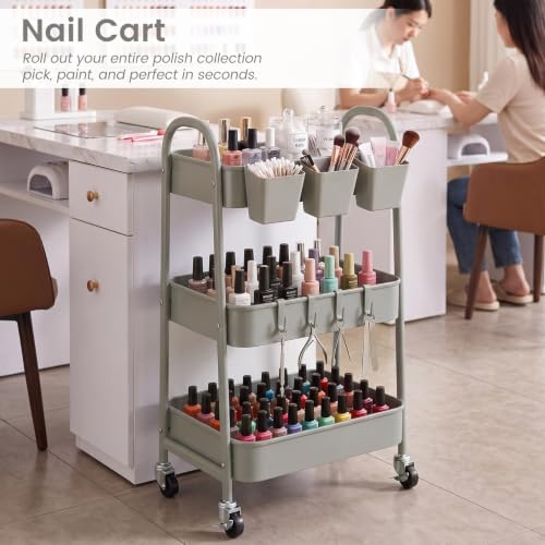 danpinera 3-Tier Rolling Cart, Metal Rolling Storage Cart with Lockable Wheels & Hanging Cups & Hooks, Mobile Trolley Cart for Kitchen, Bathroom, Office, Workshop, Gray